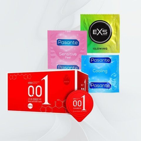 OLO з гіауроновою змазкою + Pasante + EXS &ndash; 22 шт, ультратонкі, зігріваючі, охолоджуючі, Delay та Glow: OLO Red (збуджуючі з розігріваючим ефектом) 10 шт., Pasante Cooling (з охолоджуючим ефектом) 2 шт., Pasante Warming (з розігріваючим ефектом, ребристі) NO7303 фото