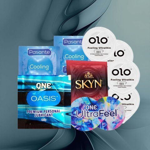 Набір "Баланс та Оазис" (ONE Ultra Feel 5 шт., SKYN Intense Feel 5 шт., OLO Feeling Ultrathin 5 шт, Pasante Cooling 5 шт, ONE Oasis 3 г), 20 шт виробів і 1 лубрикант NO6914 фото