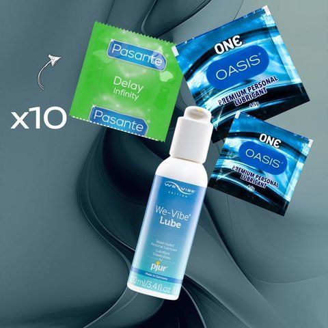 Комплект Pasante Delay Infinity 10 шт., pjur We-Vibe Lube 100 мл, ONE Oasis 3 г 2 шт. NO6751 фото