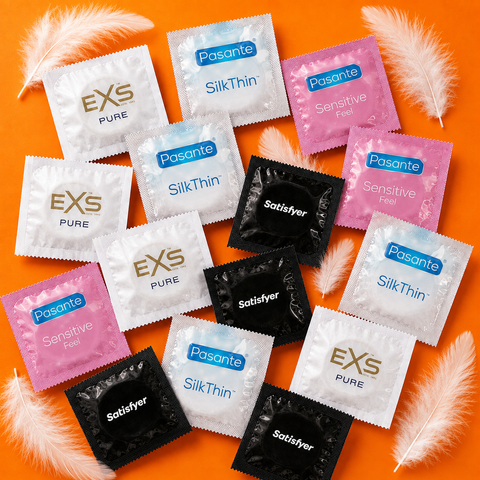 Набір 22 шт Pure Sensitive Mix: EXS Pure EKO &mdash; 5 шт; EXS Snug Fit &mdash; 5 шт; Pasante Silk Thin &mdash; надтонкі &mdash; 5 шт; Pasante Sensitive Feel &mdash; 5 шт; Satisfyer Premium Condoms 53 мм M &mdash; 2 шт. NO7926 фото