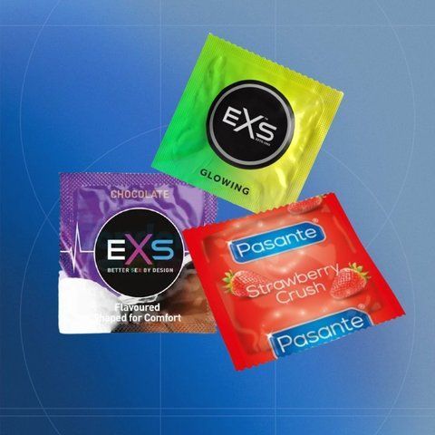 Набір EXS + Pasante &mdash; ароматизовані, 42 шт: EXS Chocolate Flavoured аромат - 18 шт + EXS Glowing - 14 шт + Pasante Taste Strawberry полуниця - 10 шт NO8153 фото