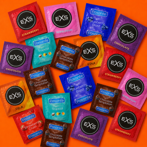Набір 27 шт Sweet Flavour Mix: EXS Bubblegum Flavoured &mdash; 3 шт; EXS Chocolate Flavoured &mdash; 3 шт; EXS Cola Flavoured &mdash; 3 шт; EXS Strawberry Flavoured &mdash; 3 шт; EXS Banana Flavoured &mdash; 3 шт; Pasante Taste Blueberry &mdash; 3 шт; Pasante Taste Tropical &mdash; 2 шт; Pasante NO7903 фото