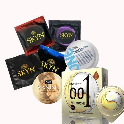 Skyn безлатексні + ONE латексні + OLO з гіауроновою змазкою &ndash; 32 шт (ультратонкі, безлатексні, з термоефектом &laquo;Лід і Полум&rsquo;я&raquo;): Skyn Extra Lubricated 3 шт., Skyn Elite Non Latex (ультратонкі, безлатексні) 3 шт., Skyn Intense Feel (безлатексні, з текстурою NO7475 фото