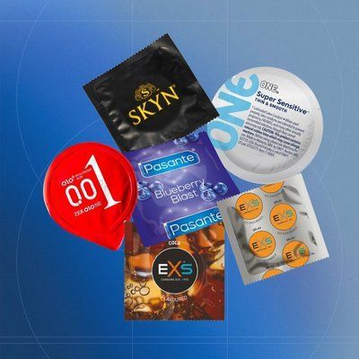 Набір: EXS Bubblegum ароматизовані, 5 шт.; Pasante Taste Chocolate ароматизовані, 5 шт.; OLO Ice & Fire з гіауроновою змазкою та термоефектом 5 шт.; Pasante Cooling, охолоджуючі, 5 шт. NO7576 фото
