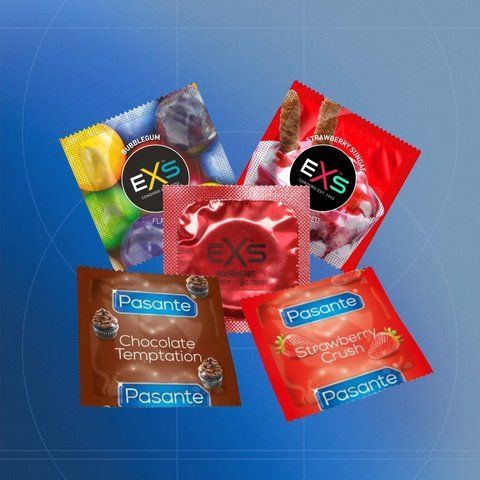 Набір Rush 60+5 &mdash; ароматизовані та зігріваючі, 65 шт: EXS Bubblegum Flavoured ароматизовані, 13 шт + EXS Strawberry Flavoured полуниця 11 шт + EXS Warming розігріваючі 8 шт + Pasante Taste Chocolate шоколад 15 шт NO8154 фото