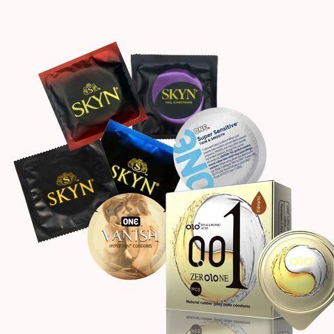 Skyn безлатексні + ONE латексні + OLO з гіауроновою змазкою &ndash; 32 шт (ультратонкі, безлатексні, з термоефектом &laquo;Лід і Полум&rsquo;я&raquo;): Skyn Extra Lubricated 3 шт., Skyn Elite Non Latex (ультратонкі, безлатексні) 3 шт., Skyn Intense Feel (безлатексні, з текстурою NO7475 фото