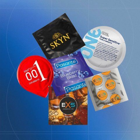 Набір: EXS Bubblegum ароматизовані, 5 шт.; Pasante Taste Chocolate ароматизовані, 5 шт.; OLO Ice & Fire з гіауроновою змазкою та термоефектом 5 шт.; Pasante Cooling, охолоджуючі, 5 шт. NO7576 фото