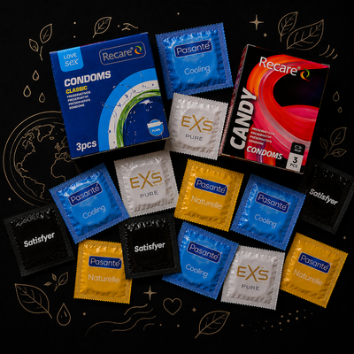 Набір 22 шт Size Match XS&ndash;S (EXS Cooling &mdash; 1 шт; EXS Delay &mdash; 1 шт; EXS Ribbed &mdash; 1 шт; EXS Pure EKO &mdash; 1 шт; Pasante Naturelle &mdash; анатомічні &mdash; 1 шт; Pasante Warming &mdash; розігріваючий ефект, ребристі &mdash; 1 шт; Pasante Sensitive Feel &mdash; 1 шт; Satisfyer Premium Cond NO8005 фото