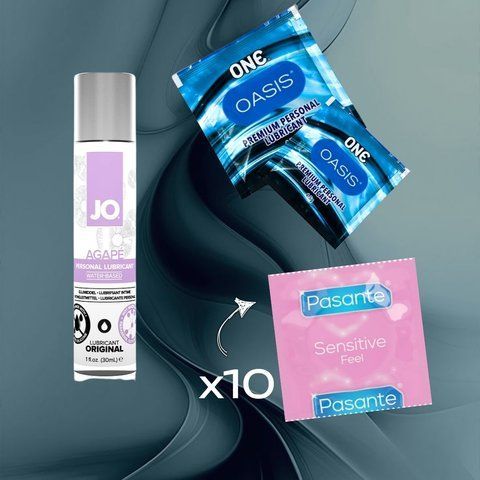 Комплект Pasante Sensitive Feel 10 шт., System JO AGAPE &mdash; ORIGINAL (30 мл), ONE Oasis 3 г 2 шт. NO6730 фото