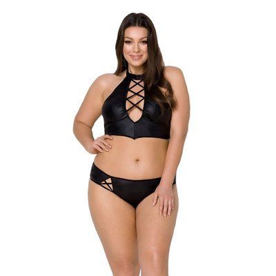 Комплект з екошкіри Passion NANACY BIKINI 6XL/7XL black, бра та трусики з імітацією шнурівки SO7103 фото