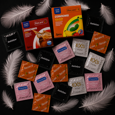 Набір 28 шт Size Match M&ndash;L (EXS Warming &mdash; 1 шт; EXS Delay &mdash; 1 шт; EXS Pure EKO &mdash; 1 шт; Pasante Silk Thin &mdash; надтонкі &mdash; 1 шт; Pasante Sensitive Feel &mdash; 1 шт; Satisfyer Premium Condoms 53 мм M &mdash; 1 шт; Satisfyer Premium Condoms 56 мм L &mdash; 1 шт; Recare Color Fru NO8007 фото