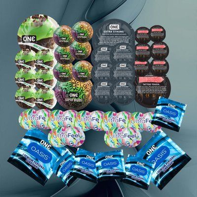 В наборі ONE Ultra Feel &ndash; 7 шт., ONE FlavorWaves - Шоколад та м'ята &ndash; 7 шт., ONE Tattoo Touch Red &ndash; 7 шт., ONE Super Studs &ndash; 7 шт., ONE Extra Strong &ndash; 7 шт., ONE Oasis 3 г &ndash; 7 шт. NO6565 фото