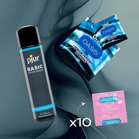 Комплект Pasante Sensitive Feel 10 шт., pjur Basic waterbased 100 мл, ONE Oasis 3 г 2 шт. NO6732 фото