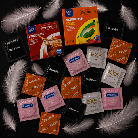 Набір 28 шт Size Match M&ndash;L (EXS Warming &mdash; 1 шт; EXS Delay &mdash; 1 шт; EXS Pure EKO &mdash; 1 шт; Pasante Silk Thin &mdash; надтонкі &mdash; 1 шт; Pasante Sensitive Feel &mdash; 1 шт; Satisfyer Premium Condoms 53 мм M &mdash; 1 шт; Satisfyer Premium Condoms 56 мм L &mdash; 1 шт; Recare Color Fru NO8007 фото
