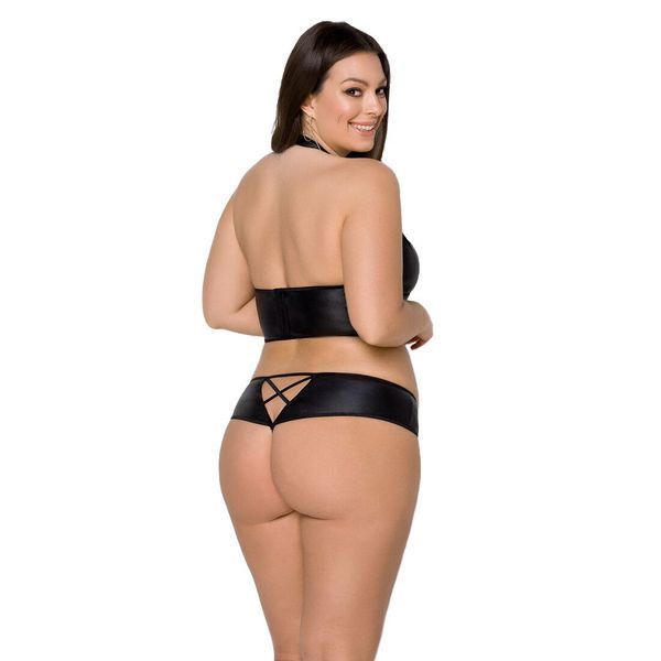 Комплект з екошкіри Passion NANACY BIKINI 6XL/7XL black, бра та трусики з імітацією шнурівки SO7103 фото