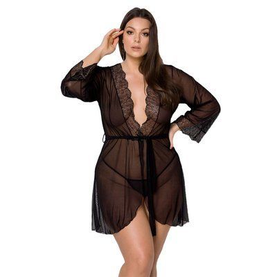 Пеньюар Passion AMBERLY PEIGNOIR 4XL/5XL, black, ажурні декольте та манжети, широкі рукави SO7053 фото