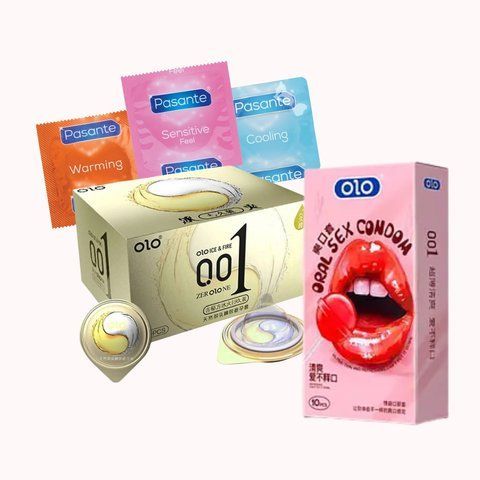 Mix OLO, Pasante, Skyn &ndash; 38 шт (Ultrathin Strawberry, Gold Лід і Полум&rsquo;я, Cooling, Warming, Sensitive, Extra Lubricated, Elite, Intense Feel, Original) NO6993 фото