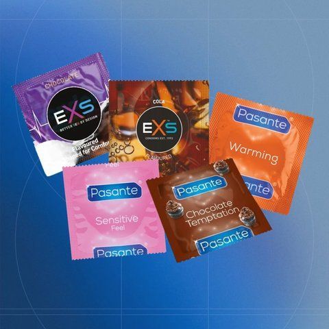 Набір Taste & Flavoured: EXS Chocolate Flavoured - 9 шт, EXS Cola Flavoured - 12 шт, Pasante Taste Chocolate - 15 шт, Pasante Ultra Sensitive Touch - 11 шт, Pasante Warming - 11 шт NO7146 фото