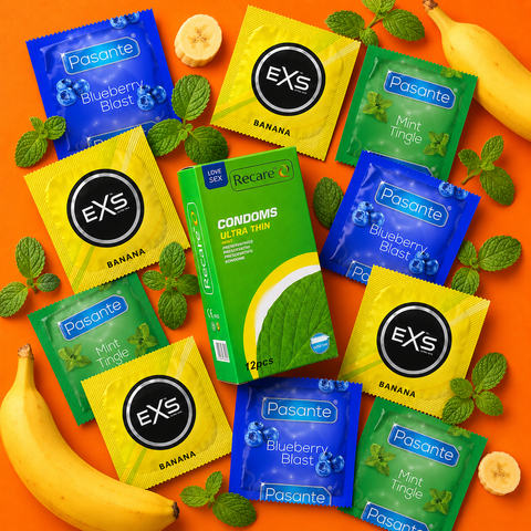 Набір 34 шт Mint Breeze: Ultra Thin Mint Condoms Recare 12 шт &mdash; 1 уп.; EXS Banana Flavoured &mdash; 5 шт; Pasante Taste Blueberry &mdash; 5 шт; Pasante Taste Tropical &mdash; 5 шт; Pasante Taste Mint Tingle &mdash; 7 шт. NO7909 фото