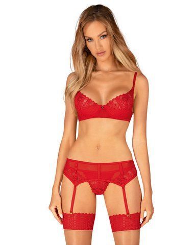 Комплект Obsessive Ingridia 3-pcs set XL/2XL, червоний, бюстгальтер, стрінги, пояс SO9035 фото