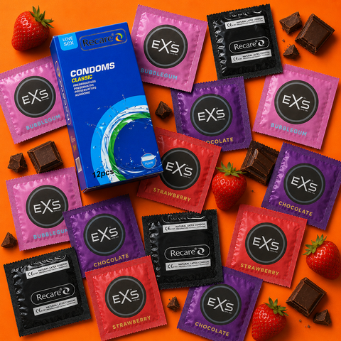 Набір 30 шт Classic Flavour Box: Recare Classic Condoms 12 шт &mdash; 1 уп.; EXS Bubblegum Flavoured &mdash; 3 шт; EXS Chocolate Flavoured &mdash; 3 шт; EXS Cola Flavoured &mdash; 3 шт; EXS Strawberry Flavoured &mdash; 3 шт; EXS Banana Flavoured &mdash; 3 шт; Pasante Taste Blueberry &mdash; 3 шт. NO7910 фото