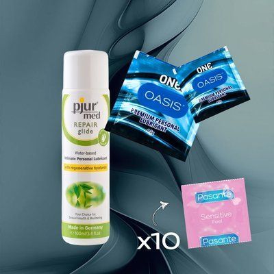 Комплект Pasante Sensitive Feel 10 шт., pjur MED Repair glide 100 мл, ONE Oasis 3 г 2 шт. NO6736 фото
