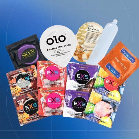 Комплект Warm Gentle Plus: EXS Strawberry ароматизоані 11 шт.; EXS Cola Flavoured ароматизовані 3 шт.; Pasante Taste Chocolate 10 шт.; Pasante Strawberry 3 шт.; OLO Feeling Ultrathin з гіауроновою змазкою 3 шт.; OLO Black Feeling Ultrathin 1 уп. NO7338 фото