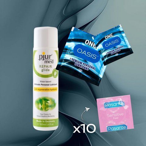 Комплект Pasante Sensitive Feel 10 шт., pjur MED Repair glide 100 мл, ONE Oasis 3 г 2 шт. NO6736 фото