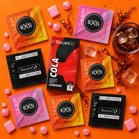 Набір 30 шт Holographic Cola Wave: Holographic Recare Cola Dotted&Ribbed Condoms 12 шт &mdash; 1 уп.; EXS Bubblegum Flavoured &mdash; 5 шт; EXS Cola Flavoured &mdash; 8 шт; EXS Banana Flavoured &mdash; 5 шт. NO7911 фото