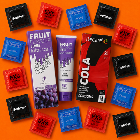 Набір 32 товарів Grape Holographic Cola Lab: Їстівний лубрикант OLO на водній основі з ароматом винограду, з гіалуроновою кислотою, 120 мл &mdash; 1 шт; Holographic Recare Cola Dotted&Ribbed Condoms 12 шт &mdash; 1 уп.; Pasante Taste Tropical &mdash; 1 шт; EXS Glowing &mdash; 1 NO7961 фото