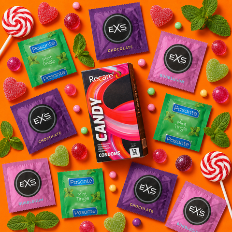 Набір 32 шт Holographic Candy Night: Holographic Recare Delay Candy Condoms 12 шт &mdash; 1 уп.; EXS Bubblegum Flavoured &mdash; 4 шт; EXS Chocolate Flavoured &mdash; 4 шт; EXS Cola Flavoured &mdash; 4 шт; Pasante Taste Mint Tingle &mdash; 4 шт; Pasante Taste Strawberry &mdash; 4 шт. NO7912 фото