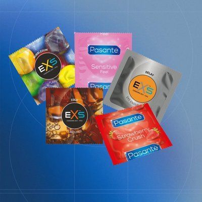 Набір Touch: EXS Bubblegum Flavoured ароматизовані - 10 шт, EXS Cola Flavoured ароматиоваі - 4 шт, EXS Delay пролонгуючі- 16 шт, Pasante Taste Strawberry ароматизовані - 8 шт, Pasante Ultra Sensitive Touch тонкі - 4 шт NO7398 фото