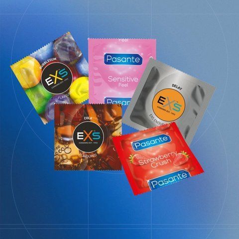 Набір Touch: EXS Bubblegum Flavoured ароматизовані - 10 шт, EXS Cola Flavoured ароматиоваі - 4 шт, EXS Delay пролонгуючі- 16 шт, Pasante Taste Strawberry ароматизовані - 8 шт, Pasante Ultra Sensitive Touch тонкі - 4 шт NO7398 фото