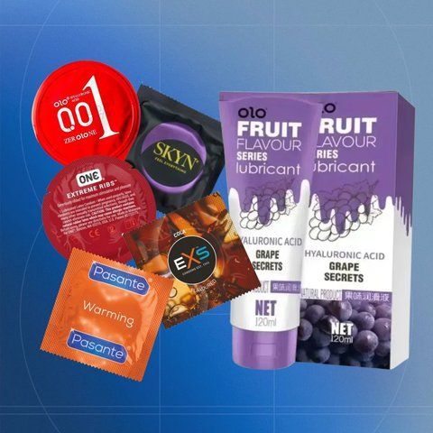 Набір Ocean Pack: Їстівний лубрикант OLO 1 шт, OLO Black Feeling Ultrathin з гіауроновю змазкою 1 уп, EXS Strawberry Flavoured 6 шт, EXS Bubblegum 10 шт NO7204 фото