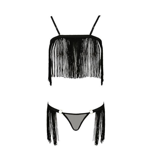 Комплект білизни Passion Exclusive KASSANDRA SET OpenBra S/M black, ліф з бахроми, трусики-спідниця PS26302 фото