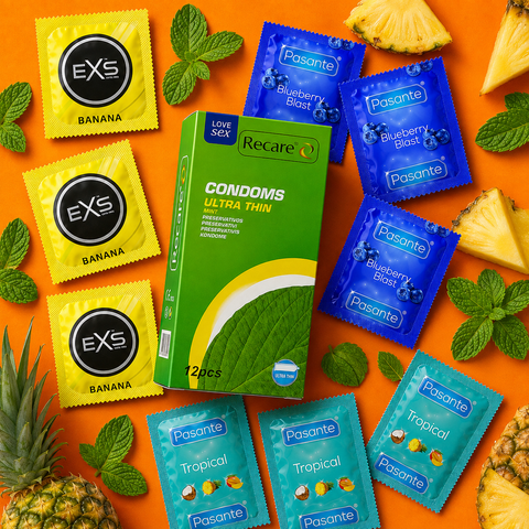 Набір 32 шт Holographic Mint Fresh: Holographic Recare Ultra Thin Mint Condoms 12 шт &mdash; 1 уп.; EXS Banana Flavoured &mdash; 5 шт; Pasante Taste Blueberry &mdash; 5 шт; Pasante Taste Tropical &mdash; 4 шт; Pasante Taste Mint Tingle &mdash; 6 шт. NO7913 фото