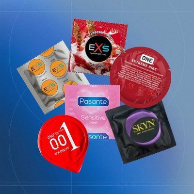 Комплект Harmony: EXS Glowing - світяться, 5 шт.; Pasante Taste Blueberry ароматизовані, 7 шт.; OLO Feeling Ultrathin з гіауроновою змазкою, 5 шт.; Pasante Warming розігріваючі-ребристі, 3 шт. NO7733 фото