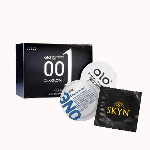 Комплект: OLO/Skyn/ONE &ndash; 30 шт: OLO Black Feeling Ultrathin з гіауроновою змазкою , надтонкі 10 шт., Skyn Non-Latex класчні, безлатексні - 10 шт., ONE Classic Select - класичні, 10 шт. NO7716 фото