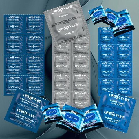 Комплект з LifeStyles Ultra Lubricated &ndash; 9 шт., LifeStyles Tuxedo Black &ndash; 9 шт., LifeStyles Ultra Thin &ndash; 9 шт., ONE Oasis 3 г &ndash; 6 шт. NO6854 фото