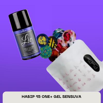 Набір "Flavor Fusion" (ONE Sensitive ультратонкі &ndash; 2 шт., ONE Strong надміцні &ndash; 2 шт., ONE Studs з ребристою поверхнею &ndash; 3 шт., ONE Classic класичні &ndash; 2 шт., ONE Flavor ароматизовані&ndash; 6 шт., Sensuva Lic-O-Licious 50 мл) NO7786 фото