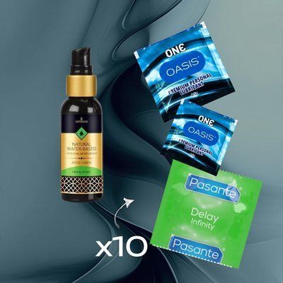 Комплект Pasante Delay Infinity 10 шт., Sensuva Natural Water-Based Apple Candy (57 мл), ONE Oasis 3 г 2 шт. NO6742 фото
