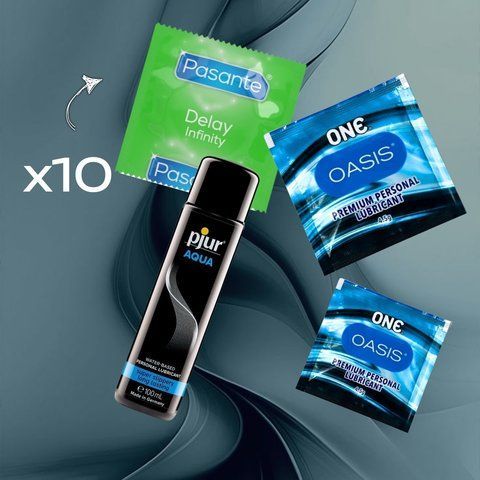 Комплект Pasante Delay Infinity 10 шт., pjur Aqua 100 мл, ONE Oasis 3 г 2 шт. NO6744 фото