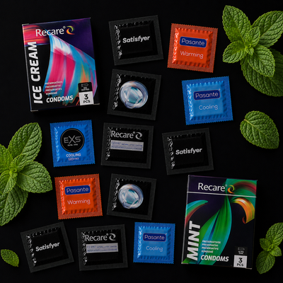 Набір 26 шт Velvet Temperature (EXS Cooling &mdash; 1 шт; EXS Snug Fit &mdash; 1 шт; Pasante Silk Thin &mdash; надтонкі &mdash; 1 шт; Pasante Warming &mdash; розігріваючий ефект, ребристі &mdash; 1 шт; Pasante Sensitive Feel &mdash; 1 шт; Satisfyer Premium Condoms 45 мм XS &mdash; 1 шт; Satisfyer Premi NO8020 фото