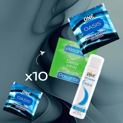 Комплект Pasante Delay Infinity 10 шт., pjur Woman Aqua 100 мл, ONE Oasis 3 г 2 шт. NO6745 фото