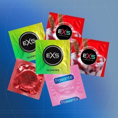 Набір Comfort Max: EXS Glowing ті що світяться - 13 шт, EXS Strawberry Flavoured ароматизовані - 20 шт, EXS Warming розігріваючі - 20 шт, Pasante Ultra Sensitive Touch тонкі - 4 шт NO7392 фото
