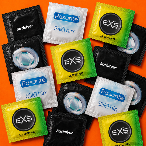 Набір 20 шт Sensitive Touch Mix: EXS Glowing &mdash; 3 шт; EXS Snug Fit &mdash; 4 шт; Pasante Silk Thin &mdash; надтонкі &mdash; 5 шт; Pasante Sensitive Feel &mdash; 5 шт; Satisfyer Premium Condoms 49 мм S &mdash; 3 шт. NO7922 фото