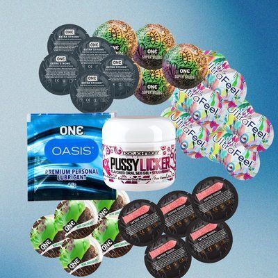 Комплект "ONE Pleasure Box" (ONE Ultra Feel &ndash; 5 шт., ONE FlavorWaves Шоколад та М'ята &ndash; 5 шт., ONE Tattoo Touch Red &ndash; 5 шт., ONE Super Studs &ndash; 5 шт., ONE Extra Strong &ndash; 5 шт., ONE Oasis 3 г &ndash; 5 шт., Doc Johnson Pussy Licker Strawberry 56 г) &mdash; 30 шт. + луб NO7747 фото