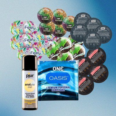 Комплект ONE Ultra Feel &ndash; 5 шт., ONE FlavorWaves - Шоколад та м'ята &ndash; 5 шт., ONE Tattoo Touch Red &ndash; 5 шт., ONE Super Studs &ndash; 5 шт., ONE Extra Strong &ndash; 5 шт., ONE Oasis 3 г &ndash; 5 шт., pjur analyse me! Relaxing jojoba silicone (30 мл), 25 шт + 5 шт + 1 шт NO6433 фото