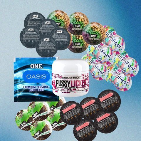 Комплект "ONE Pleasure Box" (ONE Ultra Feel &ndash; 5 шт., ONE FlavorWaves Шоколад та М'ята &ndash; 5 шт., ONE Tattoo Touch Red &ndash; 5 шт., ONE Super Studs &ndash; 5 шт., ONE Extra Strong &ndash; 5 шт., ONE Oasis 3 г &ndash; 5 шт., Doc Johnson Pussy Licker Strawberry 56 г) &mdash; 30 шт. + луб NO7747 фото