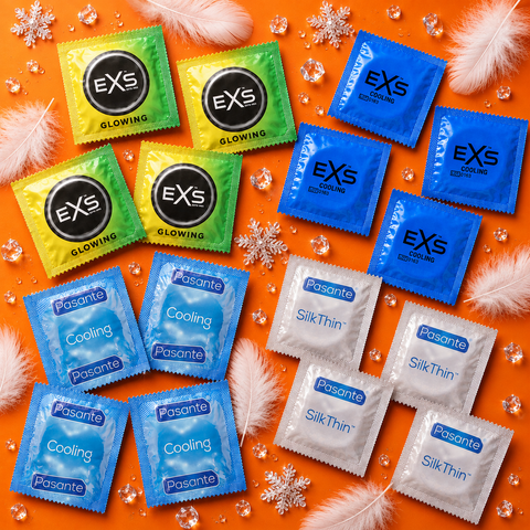 Набір 21 шт Cooling Sensitive Mix: EXS Glowing &mdash; 3 шт; EXS Cooling &mdash; 5 шт; Pasante Cooling з охолоджуючим ефектом &mdash; 5 шт; Pasante Silk Thin &mdash; надтонкі &mdash; 4 шт; Pasante Sensitive Feel &mdash; 4 шт. NO7928 фото